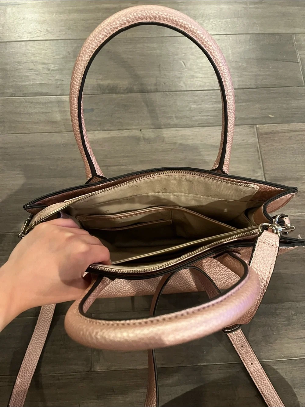 GUESS Rose Gold Pebbled Leather Satchel with Strap